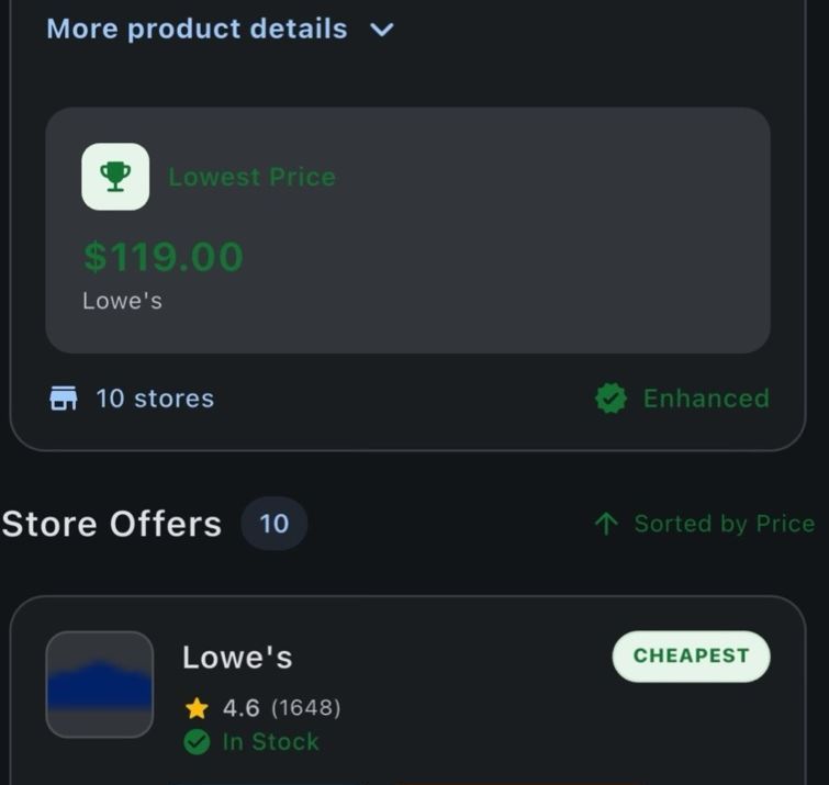 Price Match Paradise app showing the lowest price at Lowe's with 10 stores compared, sorted cheapest first